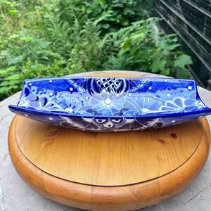 Vintage Boat Bowl Centerpiece Large Blue White Floral Mexican Talavera Pottery